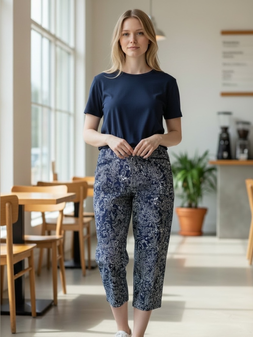 Westbound Navy and White Paisley Crop Pants